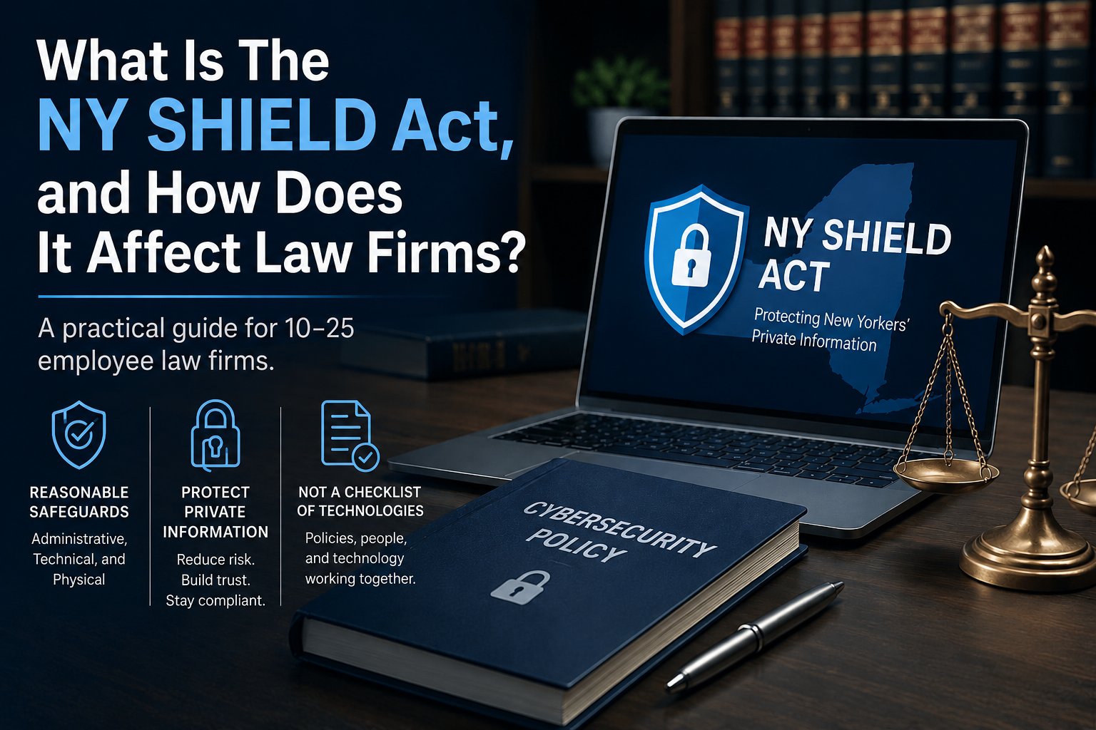 Laptop displaying NY SHIELD Act with cybersecurity policy and scales of justice