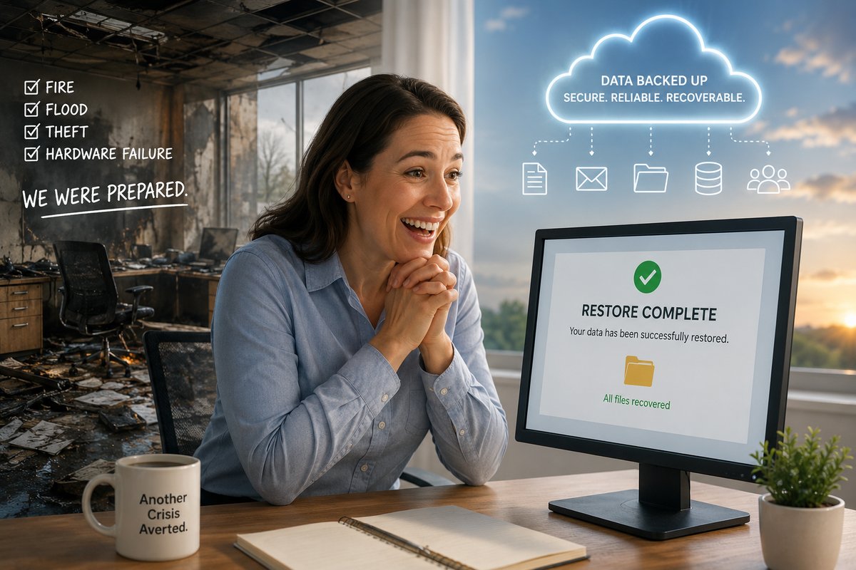 Woman relieved at computer showing restore complete after office disaster