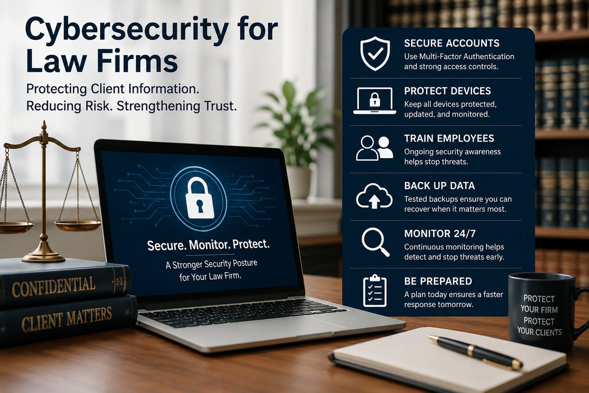 Laptop with cybersecurity padlock on desk beside legal books and scales of justice