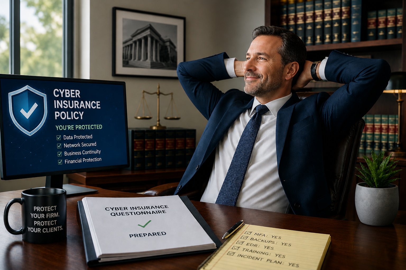 Lawyer at desk with completed cyber insurance questionnaire and computer