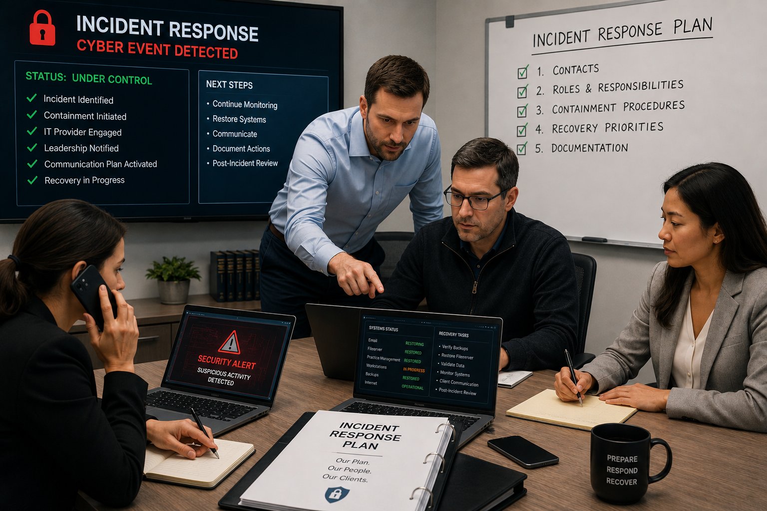 Four professionals managing a cyber incident response in an office