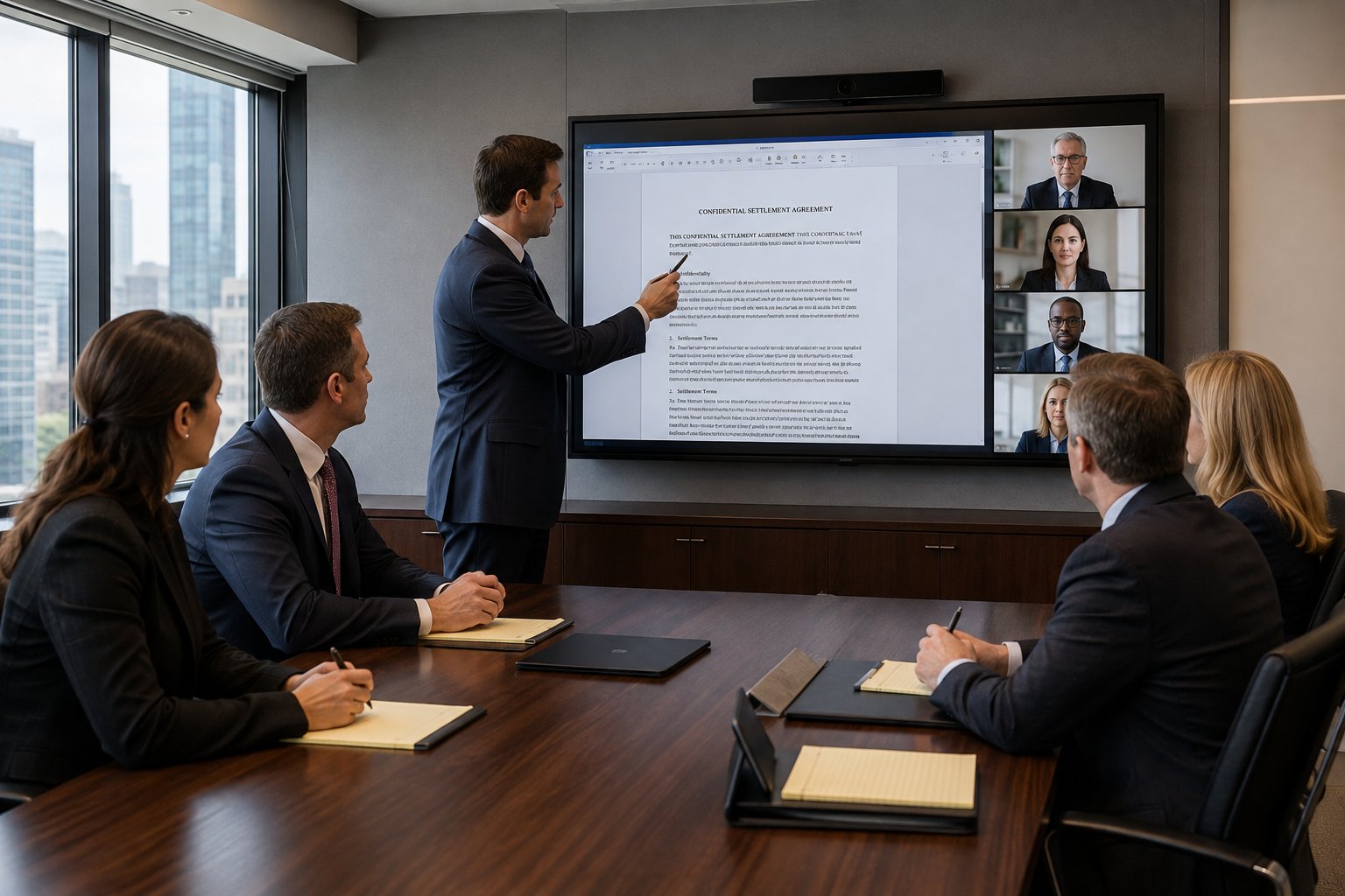 Lawyers reviewing a confidential settlement agreement on a conference screen