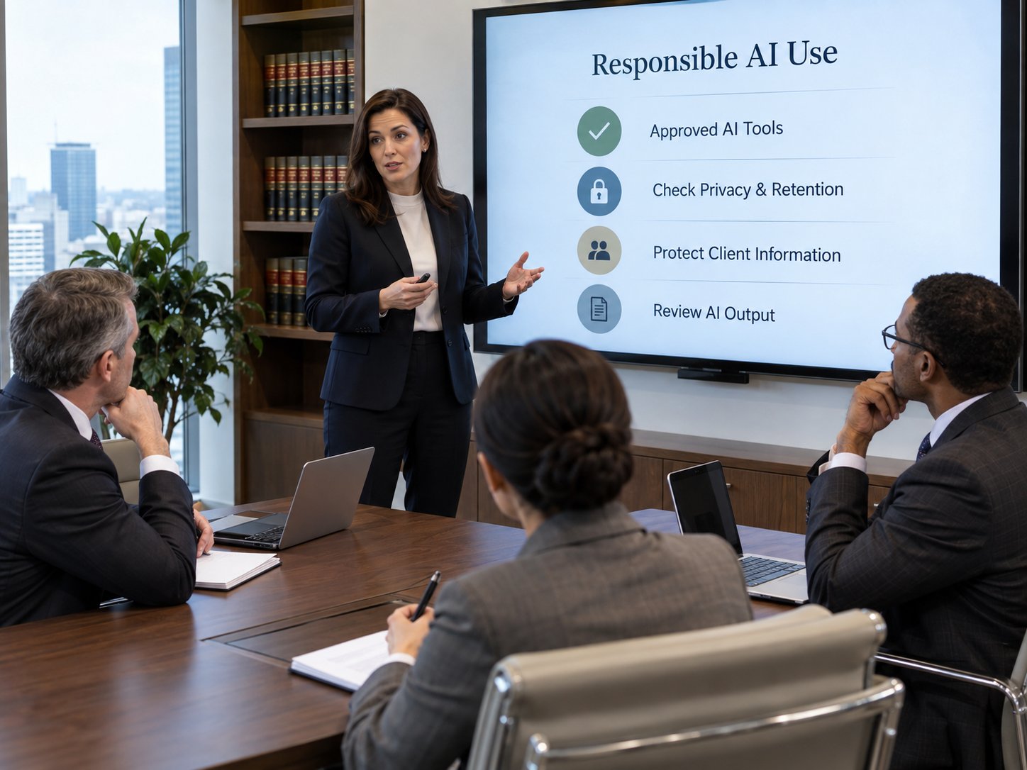 Attorney presenting Responsible AI Use slide to law firm colleagues
